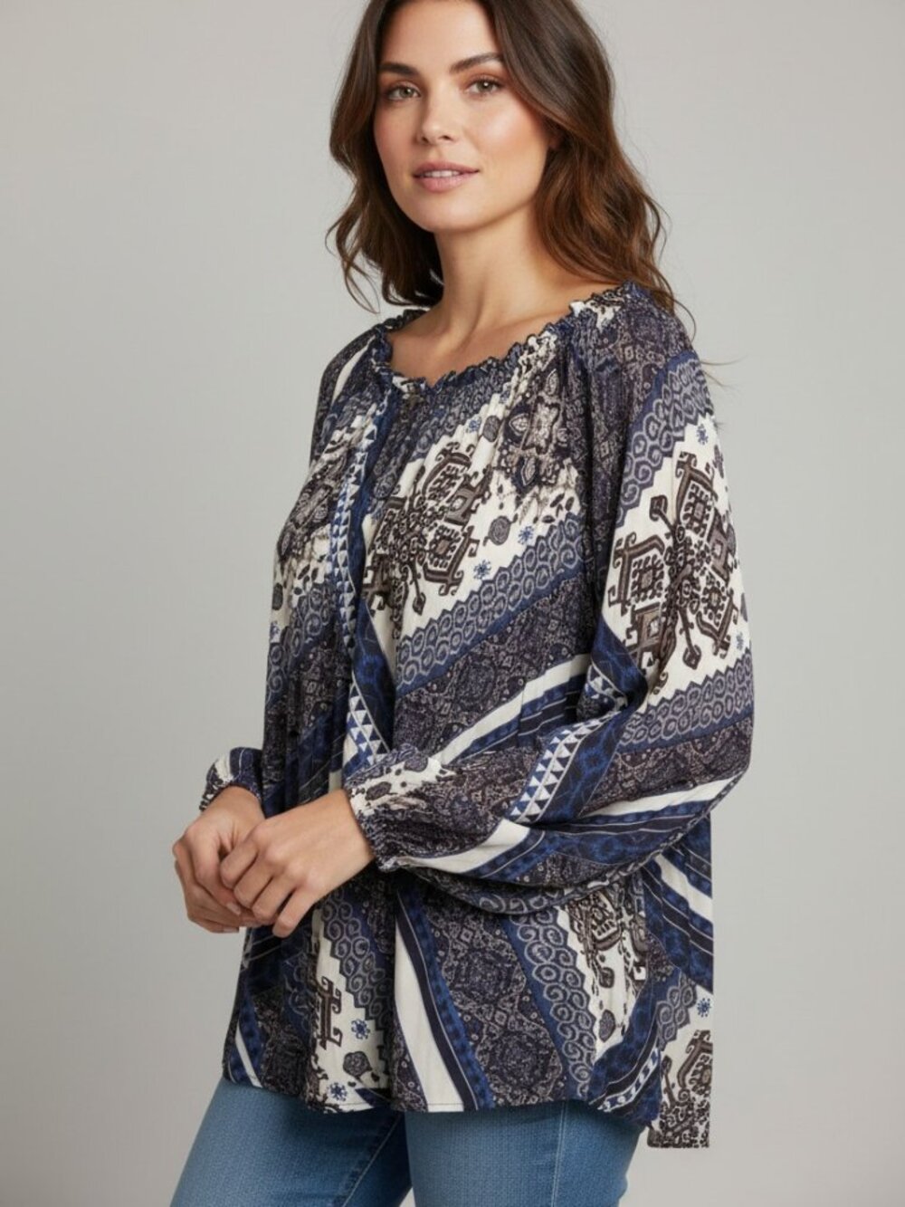 Sharagano Blue & White Paisley Print Boho Blouse Top Size L